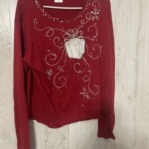 N Touch Women Size M L Burgundy Red Silver Studs Tee T Shirt Top Blouse Stretch